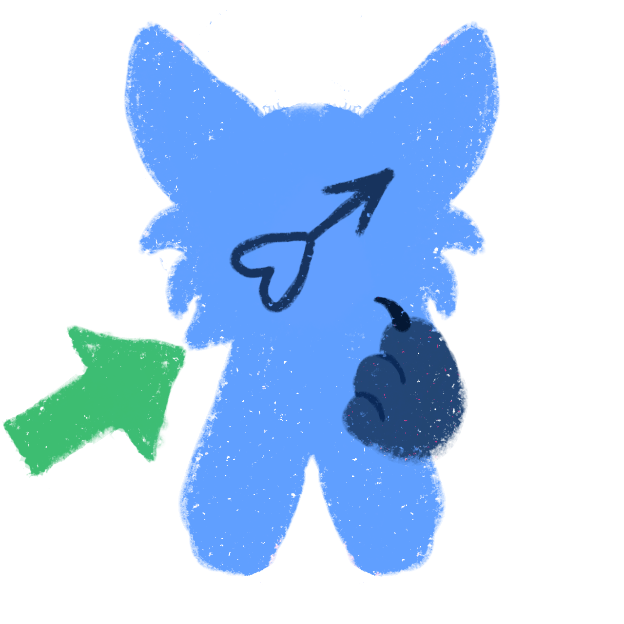 :a simplified features a blue, rounded figure with large pointed ears resembling a stylized animal or plush toy. A heart-like symbol with a arrow on top, indicating masculinity, is drawn on the face he's holding up a paw pointing to himself. A green arrow points towards the figure, highlighting its significance. and the illustration has a rough, textured appearance.